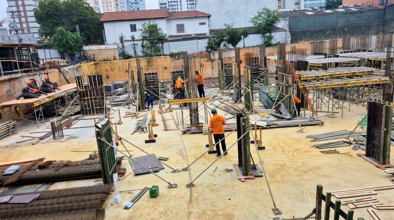 Canteiro de obra em fase de estrutura